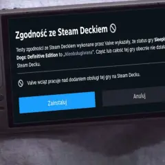 Ręce trzymają Steam Decka, na ekranie komunikat o niezgodności gry Sleeping Dogs. Fajne gry na Steam czekają na optymalizację.