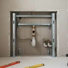 Montaż spłuczki w ścianie: metalowy stelaż, instalacja wodno-kanalizacyjna, poziomice i wkrętarka.