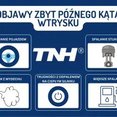 Objawy zbyt późnego kąta wtrysku: szarpanie, spalanie stukowe, dym z wydechu, trudności z odpaleniem, większe spalanie.