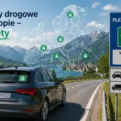 Samochód na drodze w górach, znak "Płatna droga" i mapa Europy z zaznaczonymi winietami.