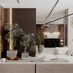 Nowoczesny salon z drewnianymi elementami, roślinami i białymi sofami.