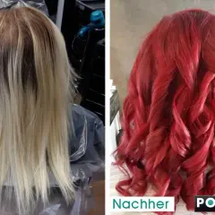 Vorher: blond, nachher: leuchtend rot. Eine Transformation von blond auf rot, mit voluminösen Wellen.