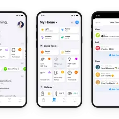 Pantallas de una smarthome app: "Good morning, Emma", "My Home" con dispositivos y "New Flow" para automatizar el hogar.