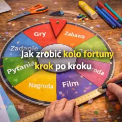 Jak zagrać w koło fortuny? Na kole są sekcje: Gry, Zabawa, Film, Nagroda, Pytania, Zadanie. Zobacz, jak zrobić koło fortuny krok po kroku.
