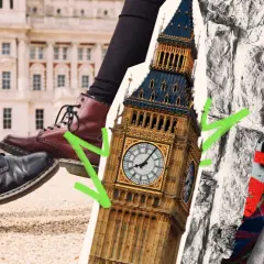 A collage capturing the london aesthetic: boots, Big Ben, stone wall, and a leather jacket.