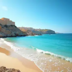 Piękna plaża z turkusową wodą, piaszczystym brzegiem i budynkami na klifie.