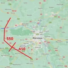 Trasa S50 okrąża Warszawę, łącząc drogi krajowe i ekspresowe. Na mapie zaznaczono jej przebieg na czerwono.