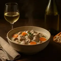 Un plat de veau à la crème avec champignons et carottes, accompagné d'un verre de vin blanc. Parfait pour savoir quel vin avec le veau.