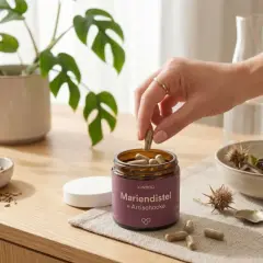 Eine Hand nimmt eine Kapsel aus einem Glas Mariendistel + Artischocke. Informiere dich über mögliche Mariendistel Wechselwirkungen.