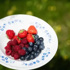 En tallrik med färska jordgubbar, hallon och blåbär. Ett perfekt och nyttigt mellanmål i sommarsolen.