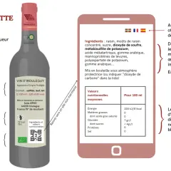 Contre-étiquette d'un vin d'Irouleguy. Détails sur les ingrédients, allergènes, valeurs nutritionnelles et logo AB européen. Le label vin est bien visible.