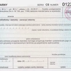 Formularz mandatu karnego, który może być podstawą do napisania odwołania od mandatu.