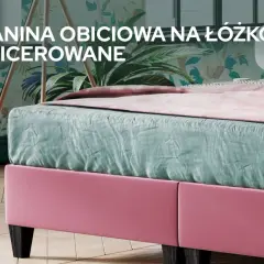 Miętowa tkanina obiciowa na łóżko tapicerowane, z różową ramą i różową narzutą.