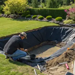 Un homme travaille sur l'aménagement d'un bassin préformé dans un jardin verdoyant.