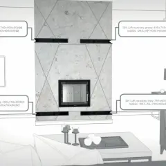 Nowoczesna zabudowa kominka z widocznymi wymiarami i indeksami modeli: DH Luft narożny lewy 740x400x90 (120) i DH Luft narożny prawy 400x740x90(80).