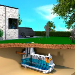 En modern villa med en underjordisk tank för att samla regnvatten. En person vattnar trädgården med det insamlade vattnet.