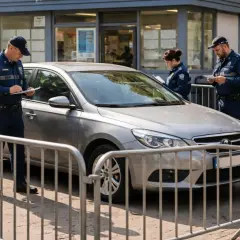 Trois agents rédigent des documents près d'une voiture grise. Une procédure de mise en fourrière sans PV est en cours.