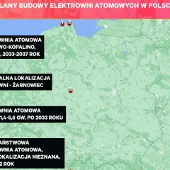 Mapa Polski z zaznaczonymi planowanymi elektrowniami atomowymi: Lubiatowo-Kopalino, Żarnowiec, Pątnów i nieznana lokalizacja.