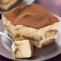 Ein Stück cremiges Tiramisu ohne Zucker, bestäubt mit Kakao, auf einem Teller mit einer Gabel.