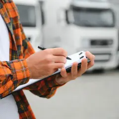 Kierowca w kratę zapisuje dane na notesie, przygotowując się do jazdy. Posiadanie ważnego prawo jazdy w Polsce to podstawa.
