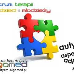 Kolorowe puzzle tworzą serce, symbolizując terapię i wsparcie dla dzieci z autyzmem, aspergerem, ADHD.