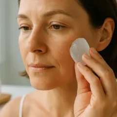 Une femme applique une pierre d'alun sur son visage pour un soin naturel.