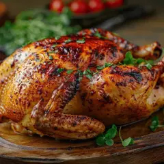 Un appétissant poulet au four, doré et garni de persil frais, sur un plateau en bois rustique.