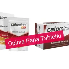 Opakowania suplementu Calominal na odchudzanie, w tym pudełko i saszetka.