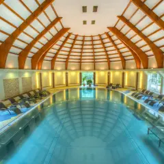 Wnętrze hotelu ze stokiem: basen z drewnianą konstrukcją dachu, leżaki i widok na ogród.