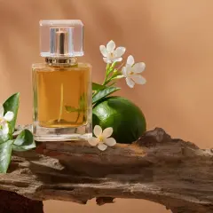 Elegancka butelka perfum, limonka i białe kwiaty na drewnianej podstawie. Obrazek sugeruje, jak powstają perfumy, łącząc naturę z luksusem.