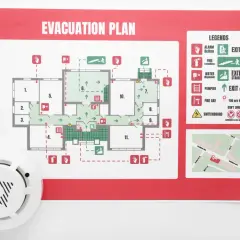Piano di emergenza ed evacuazione con legenda, uscite, estintori e indicazioni. Un rilevatore di fumo è visibile in primo piano.