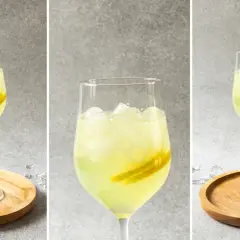 Orzeźwiający limoncello spritz przepis: jasny, cytrynowy drink z lodem i plasterkami cytryny w kieliszku.