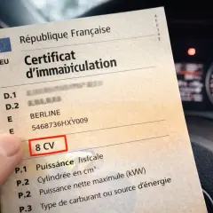 Certificat d'immatriculation français montrant "8 CV", expliquant la signification de la carte grise P6.