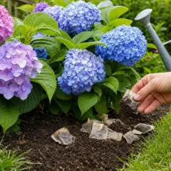 Une main ajoute du marc de thé au pied d'hortensias aux magnifiques fleurs roses et bleues. L'hortensia couleur est sublimé par ce geste.