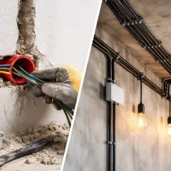 Przegląd instalacji elektrycznej: montaż przewodów w ścianie i estetyczne prowadzenie kabli z lampami w industrialnym stylu.