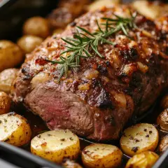 Jugoso pan de carne asado con patatas doradas y romero fresco.