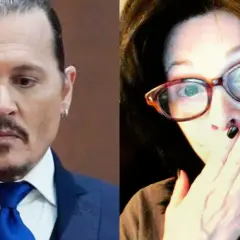 Johnny Depp obok Lori Anne Allison, która zakrywa usta dłonią z czarnym lakierem.