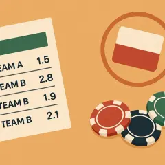 Kupon z kursami zakładów sportowych i żetonami do gry, obok symbol Polski. Zagraniczni bukmacherzy oferują emocje.