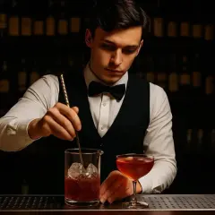 Barman w eleganckim stroju miesza drinka z lodem w szklance, obok stoi gotowy koktajl.