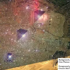 Piramidy w Gizie na tle kosmicznej mgławicy, przypominającej pas Oriona. Tajemnica starożytności i wszechświata.