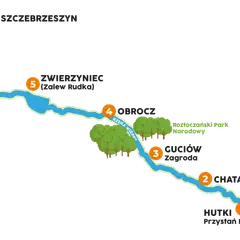 Mapa z zaznaczonymi punktami na rzece: 1-Hutki, 2-Chata Rybaka, 3-Guciów, 4-Obrocz, 5-Zwierzyniec, 6-Szczebrzeszyn.