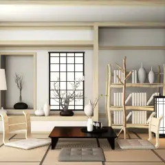 Minimalistyczny pokój młodzieżowy w stylu japońskim. Drewniane meble, tatami, lampa i rośliny tworzą spokojną atmosferę.
