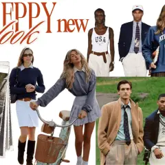 Colección de moda con estilo preppy: jóvenes con looks universitarios, ropa deportiva y trajes clásicos.