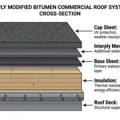 Cross-section of a 3-ply modified bitumen commercial roof system, detailing layers from roof deck to cap sheet for weather resistance and insulation.