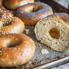 Färska bagels med sesamfrön och vallmofrön, redo att baka. En skuren bagel visar det fluffiga inre.