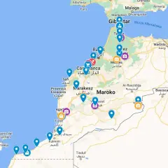 Mapa Maroka z zaznaczonymi miastami i trasami, widoczne wybrzeże i część Hiszpanii.