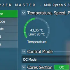Monitorowanie temperatury procesora Ryzen 5 3600. Aktualna temperatura 43,36°C, limit 95°C. Optymalna jaką temperaturę powinien mieć procesor?