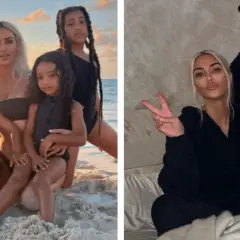 Kim Kardashian z dziećmi na plaży i w domu. Na pierwszym zdjęciu widać Kim z córkami North i Chicago oraz synem Saintem. Na drugim zdjęciu Kim z córką Chicago.