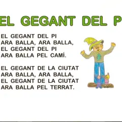 Canciones en valenciano para niños: "El Gegant del Pi" baila por el camino. Un gigante con sombrero verde y dos niños pequeños.