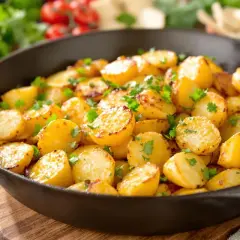 Pommes de terre coupées en deux, dorées et garnies de persil frais, servies dans une poêle en fonte. Un délice de pomme de terre plancha !